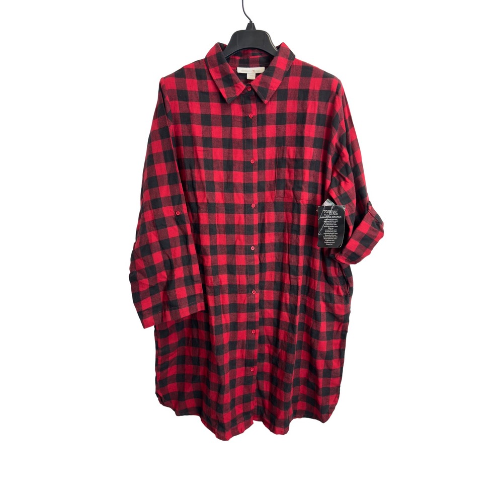 NEW Dreams Co Red Black Buffalo Plaid Cotton Flannel Shirt Dress 18/20 L Pockets
